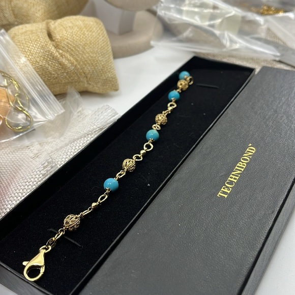 💙 Technibond 18kt Gold & Sterling Silver Turquoise Bracelet - Picture 6 of 13